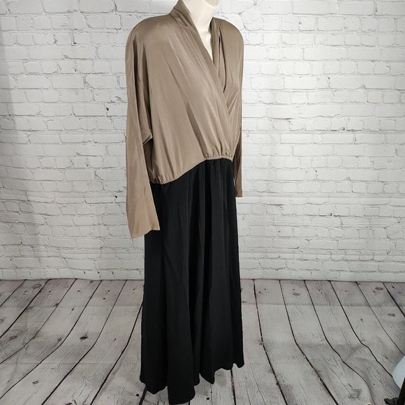 VTG Liz Roberts Black Beige Color Block Long Sleeve Polyester Maxi Dress Size 10 - Picture 6 of 11